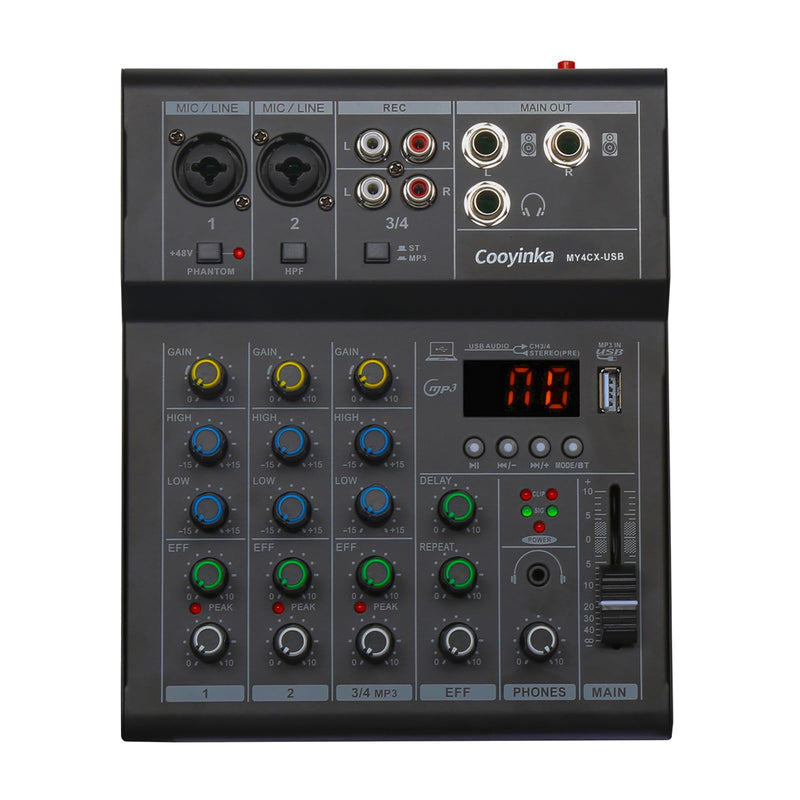 Dj Mixer, Audio Mixer for PC 4 Channel Bluetooth Sound Board with USB Interface, Cooyinka Mixer Audio Built-in 48V Phantom Power Sound Card for Live Streaming, Podcasting/Black