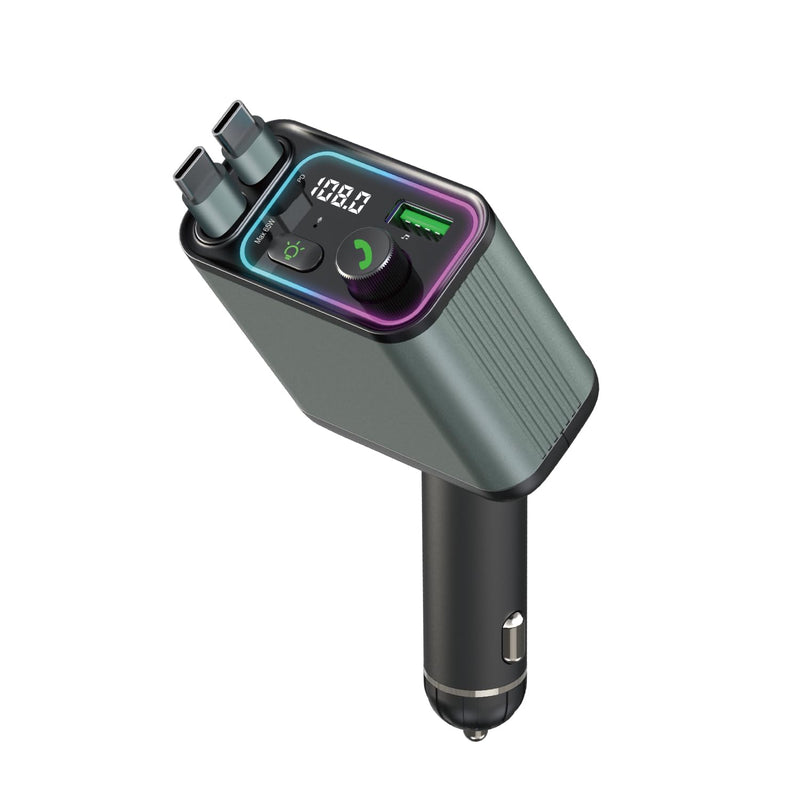 3 in 1 Retractable Car Charger Adapter & FM Transmitter Bluetooth Mp3 Player- Max 65W + 18W with 2 PD Fast Charging,2 Retractable Cables & USB-A Music Playback for iPhone,iPad,Samsung,Pixel