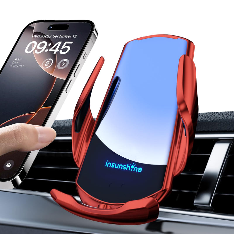 Wireless Car Charger, MAX 15W Fast Charging Auto Clamping, Sensing Phone Holder Mount, fit for iPhone 16 15 14 13 12 Pro Max Xs X, Samsung Galaxy S24 Ultra S23 S22 S21 S20 Note20 (4-Red) 4-Red