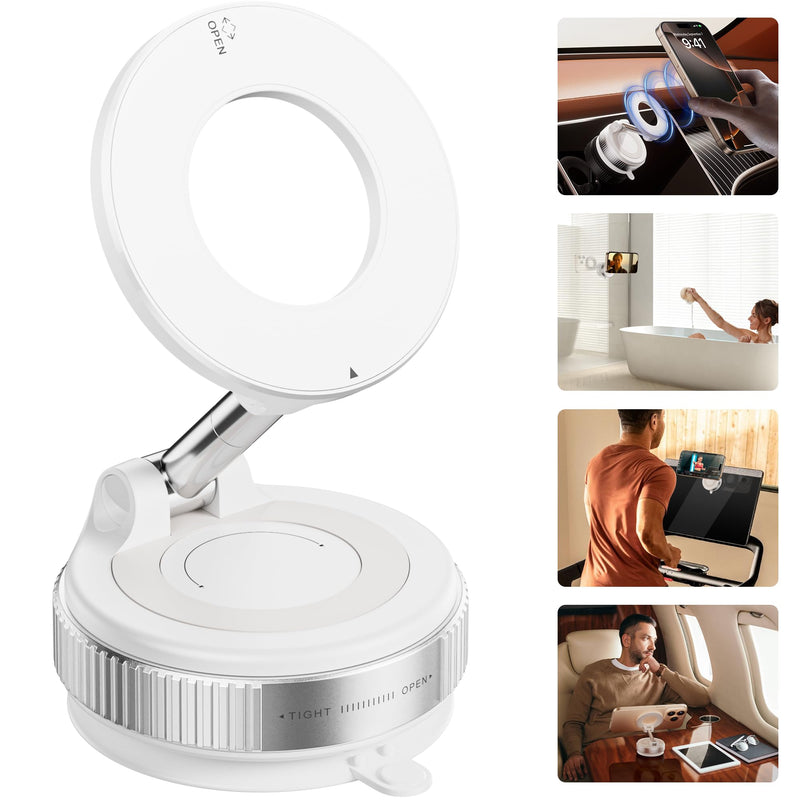 REOKILY Strong Magnetic Car Phone Holder for MagSafe Ultra Vacuum Suction Cup Phone Mount 360° Cell Phone Holders for Your Car Accessories for iPhone 16 15 14 13 12 Android White