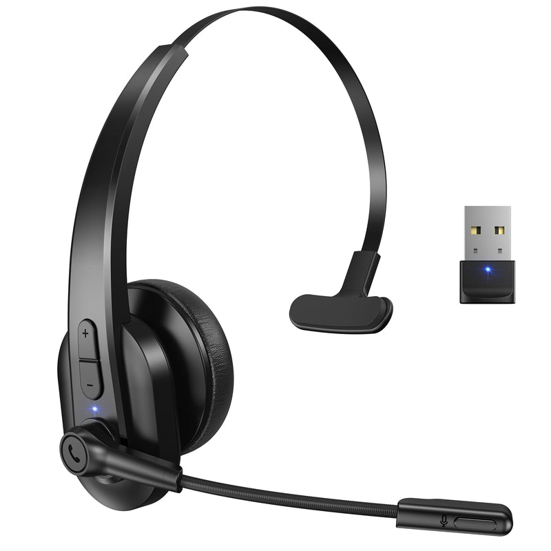 Sarevile Bluetooth Headset with USB Dongle for Computer, Single-Ear Wireless Headset with Noise Cancelling Microphone for Office & Truckers, Bluetooth V5.2 with Mute Button for Work Black