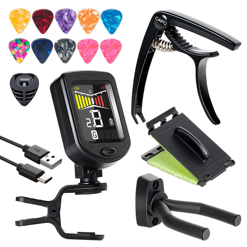 [AUSTRALIA] - Guitar Capo Rechargeable Guitar Tuner Acoustic Guitar Accessories Kit Including Capo, Tuner, Picks, Wall Mount Hanger, Guitar String Cleaner for Guitar Players 