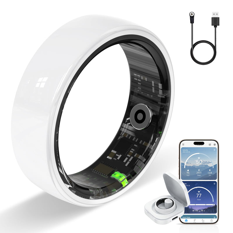 Smart Ring, Ceramics Fitness Tracker & Health Monitoring Ring with Heart Rate Sleep Tracking, Multi-Sport Activity Tracker, 5ATM Waterproof, iOS Android Compatible(White, 9) White