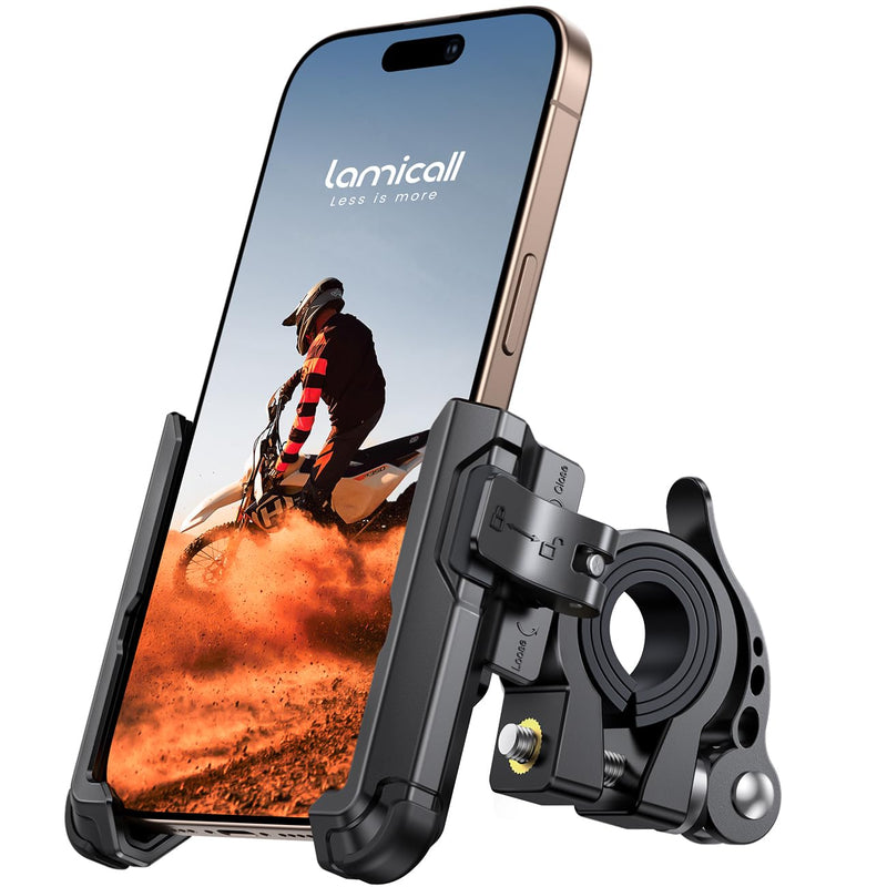 Lamicall Motorcycle Bike Phone Mount - [No Block Camera] [1s Lock] Bike Cell Phone Holder Clamp, Bicycle Scooter Handlebar Clip, Gifts for iPhone 17 16 15 14 Pro Max, Galaxy S25 Ultra, 4.7-7" Phones Black