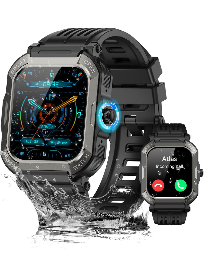 Smart Watch for Men Fitness Tracker: Military Digital Mens Watches Bluetooth Make Answer Call Running Waterproof Smartwatch Android Phones iPhone Samsung Compatible Sleep Monitor Step Pedometer Black 1.91