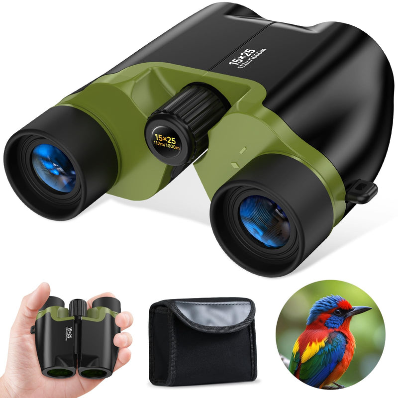 [AUSTRALIA] - Compact Binoculars for Adults and Kids with BAK4 Prism,15x25 FMC Lens Waterproof Binocular with Low Light Vision,Small Binoculars for Cruise Ship Bird Watching (Green) Green 