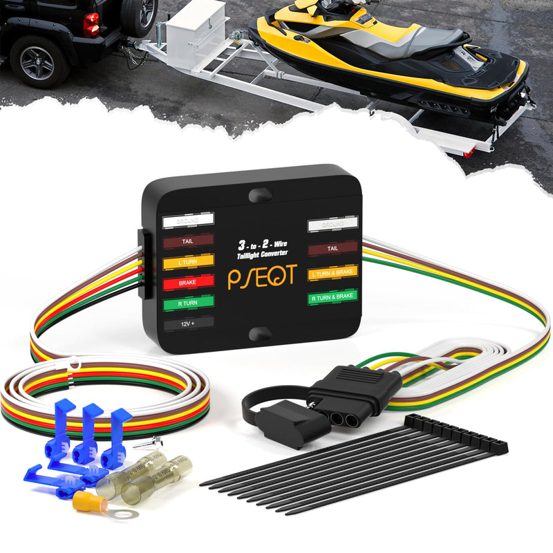 [AUSTRALIA] - PSEQT 3-to-2-Wire Splice-in Trailer Tail Light Converter with 4-Pin Flat Plug Wiring Harness Waterproof for Tail Side Clearance Brake Stop Turn Signal Lights, Used in Trailer Truck Van RV ATV, 1Pcs 