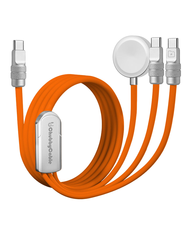 chubbycable 3 in 1 Silicone USB C Cable for Apple Watch, Orange, 4.1FT | Travel Essentials, 100W Fast Charging, Strong Magnetic, 480Mbps Data Transfer, E-Marker Safety Chip, 45,000+ Bend Tested