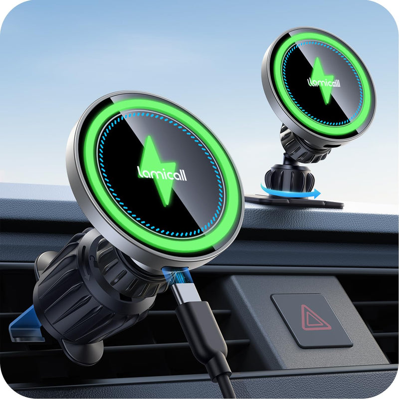 Lamicall 15W for MagSafe Car Mount Charger Vent Dashboard 360° for iPhone | 20x Strong Magnets Wireless Car Phone Holder Charger Phone Holder Accessories for Women Men for iPhone 17 16 Pro Max Silver NEW Upgraded - Silver