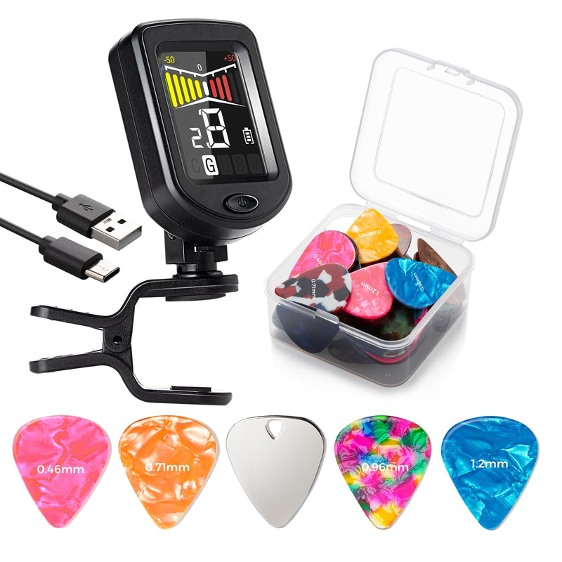 41PCS Guitar Picks Rechargeable Guitar Tuner Clip on Chromatic Digital Tuner Acoustic Guitar Accessories Kit for Guitars Violin, Ukulele, Bass