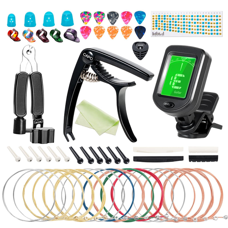 Acoustic Guitar Accessories Kit Strings Replacement Including Strings, Capo, Guitar Tuner, Picks,3-in-1 Winder, Bridge Pins, Picks for Guitar Players Beginners, 59PCS