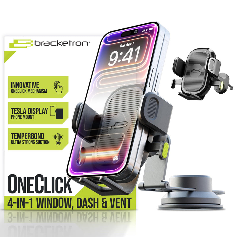 Bracketron OneClick Car Phone Holder for Tesla Model 3/Y/S/X, Screen, Dash | 4-in-1 car phone mount fits Tesla Model 3/Y/S/X with secure hold for large smartphones and MagSafe cases