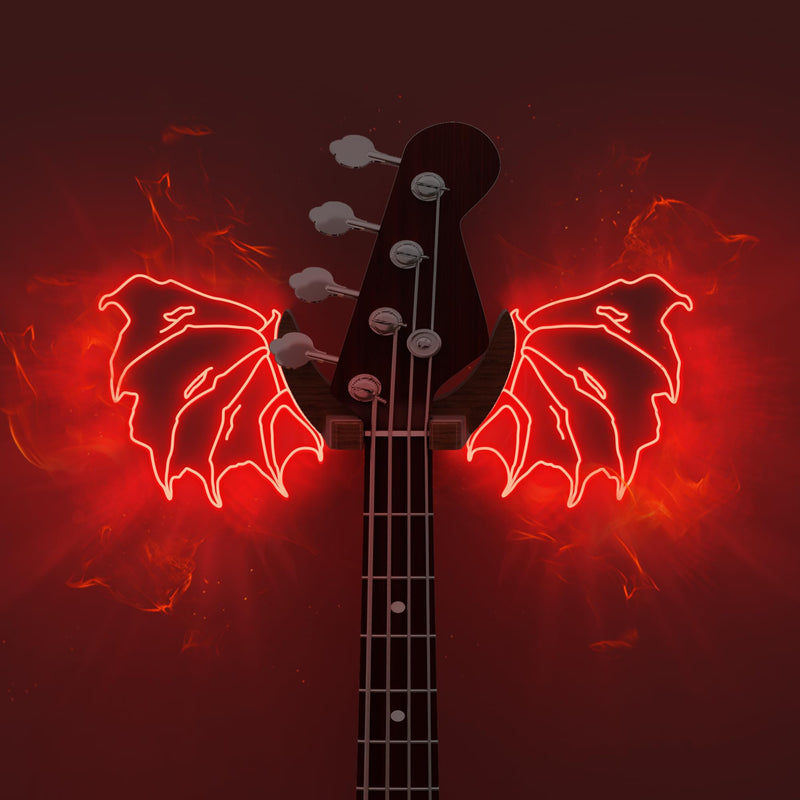 Guitar Stand Wall Mount with Luminous Devil Wings, Acrylic Wooden Guitar Hanger Shelf with USB Powered, for Acoustic Electric Bass Ukulele, Gift for Music Lovers Guitar Players Red devil