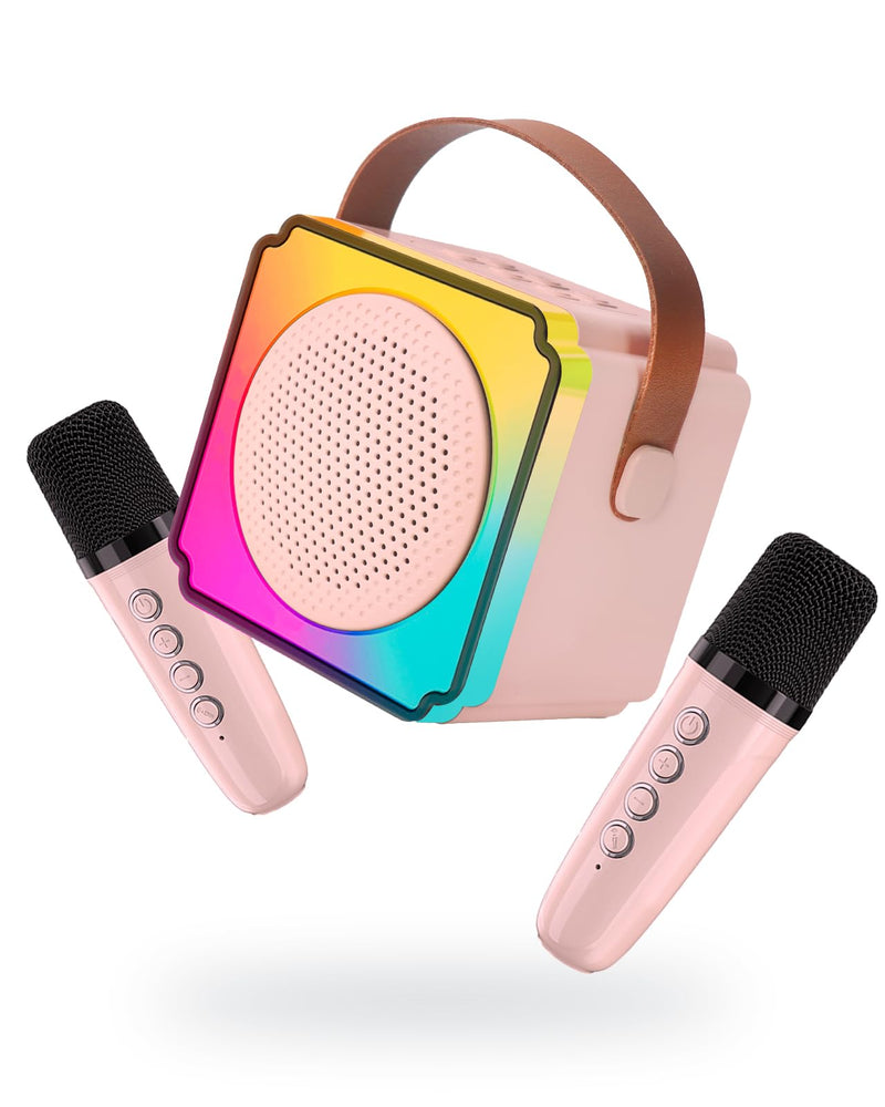 Mini Karaoke Machine for Kids Adults, LumoShine Portable Bluetooth Speaker with 2 Wireless Microphone and Lights, Gifts for Boys Girls Pink
