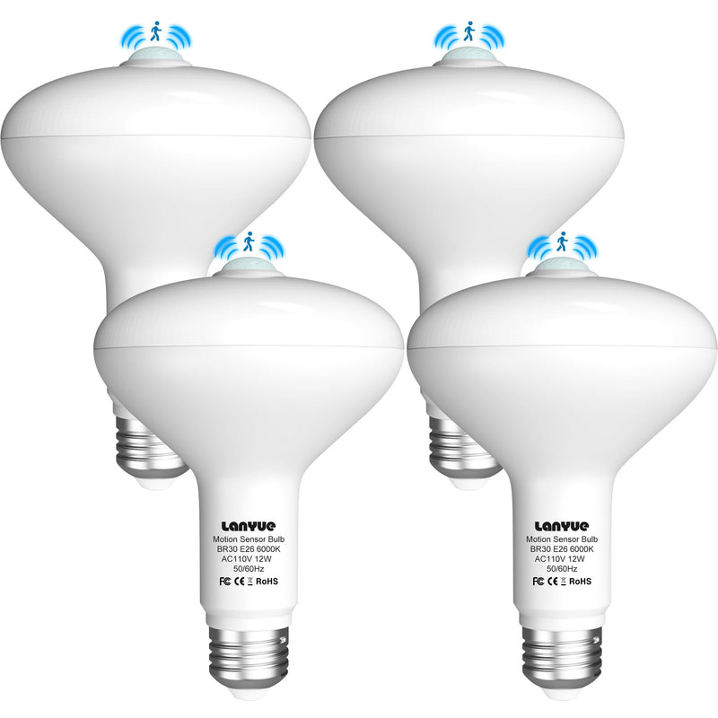 [AUSTRALIA] - Motion Sensor Light Bulbs, Dusk to Dawn Motion Activated Security Lights, 12W BR30 Motion Detector Led Bulb, 100 Watt Equivalent, E26 6000K Daylight, Suitable for Indoor/Outdoor, (4 Pack) LY-BR30H001 