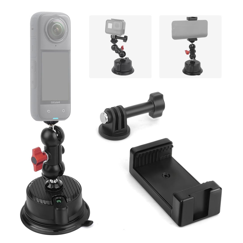 Suction Cup Car Mount with Phone Holder,360°Adjustable for Action Cameras & Smartphones,Windshield,Dashboard,Boat Mount for GoPro Hero 13/12/11/10,DJI OSMO Action,Insta360 X4/X3,and More