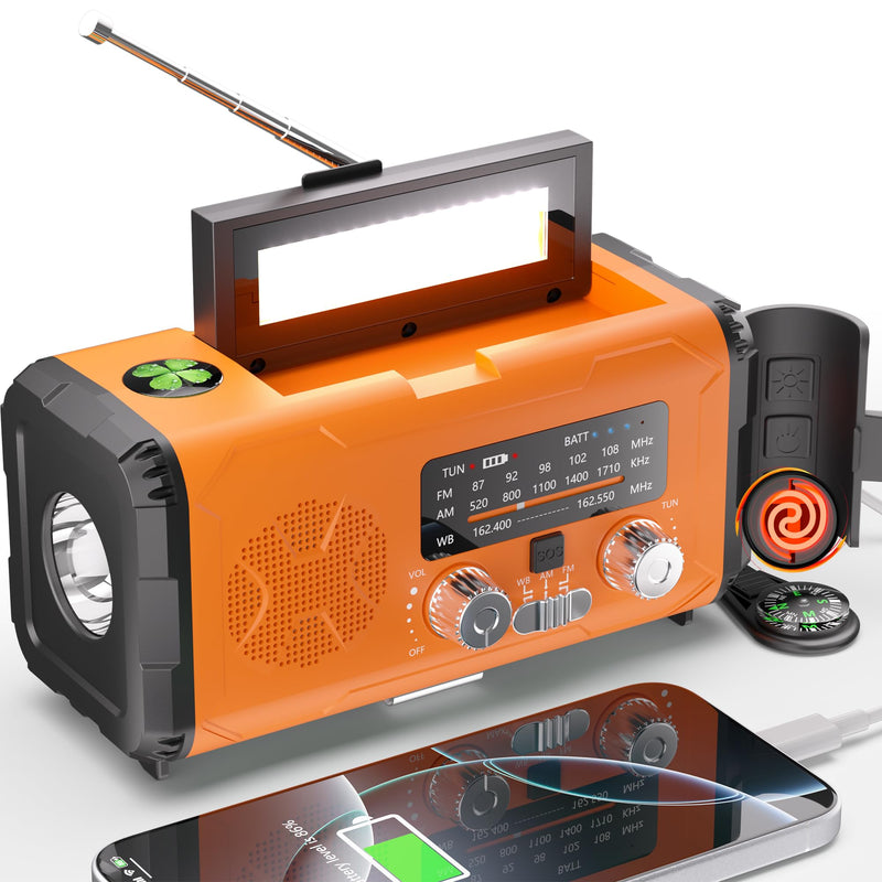 [AUSTRALIA] - Emergency Weather Radio NOAA AM FM with 10000mAh Power Bank & Fire Starter, Solar/Hand Crank/USB-C Fast Charging, SOS Alarm, Flashlight for Indoor Outdoor Survival for Campers and Preppers Orange 