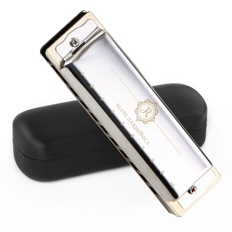 Harmonica Key of C 10 Holes 20 Tones Blues Harp Diatonic Mouth Organ Armonica with EVA Protective Case for Adults Beginner Intermediate Rock Jazz Gift Silver JDR North
