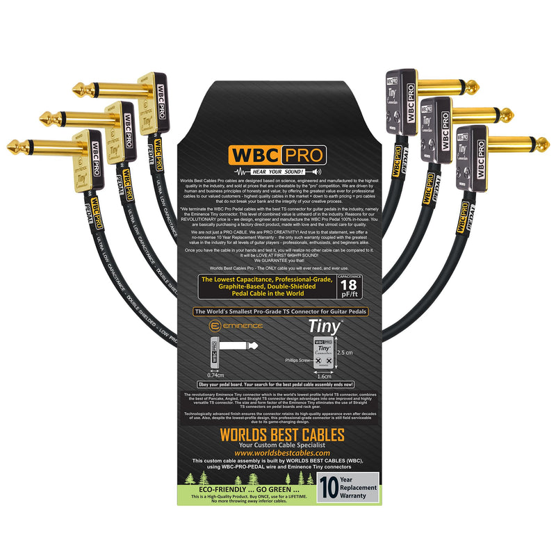 3 Units - 12 Inch - WBC-PRO-Pedal – 22 AWG - Low-Cap (18pF/ft) – Pro-Grade – Graphite-Based - Dual-Shielded Pedal, Effects, Patch, Instrument Cable with Eminence Tiny Gold Plated Angled TS Connectors