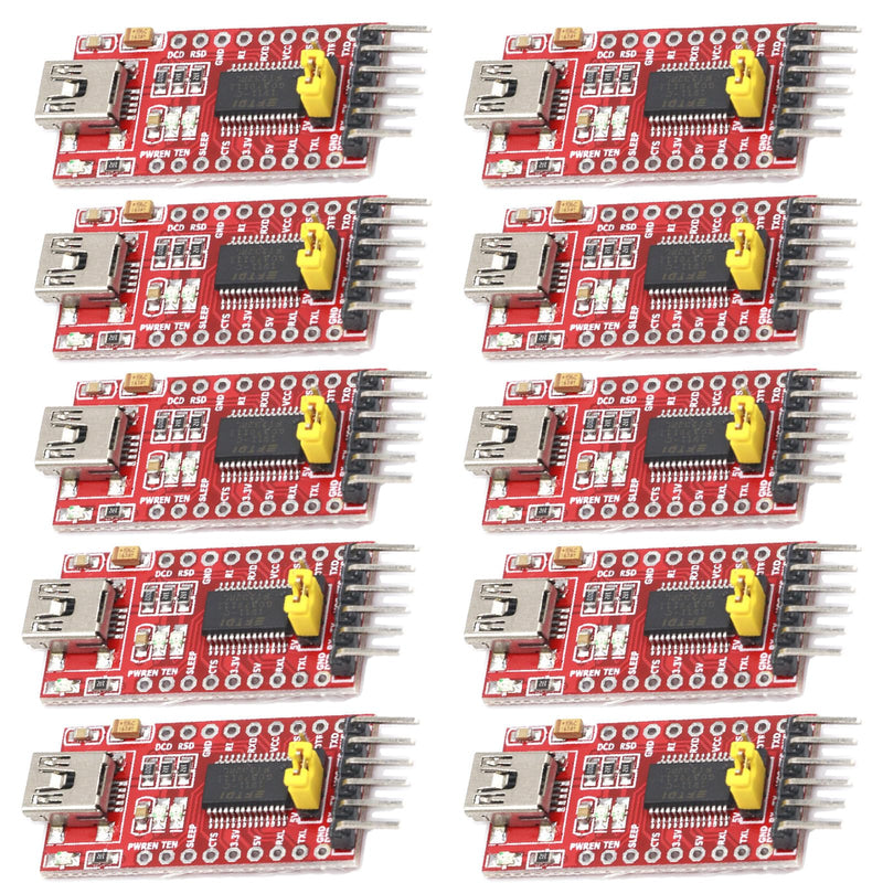 10-Pack FT232RL Mini USB to TTL Serial Converter | 3.3V/5.5V operating voltage, for serial communication and microcontroller programming projects