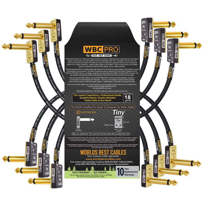 [AUSTRALIA] - 6 Units - 12 Inch - WBC-PRO-Pedal – 22 AWG - Low-Cap (18pF/ft) – Pro-Grade – Graphite-Based - Dual-Shielded Pedal, Effects, Patch, Instrument Cable with Eminence Tiny Gold Plated Angled TS Connectors 