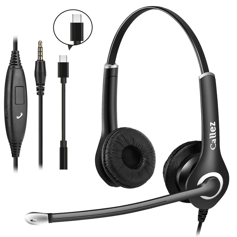 Callez Computer Headset, 3.5mm Cell Phone Headset with Mic Noise Cancelling, USB-C Wired Headphone for PC Laptop Mac iPhone Samsung Zoom Teams Call Center Home Office Work, in-line Controls Black