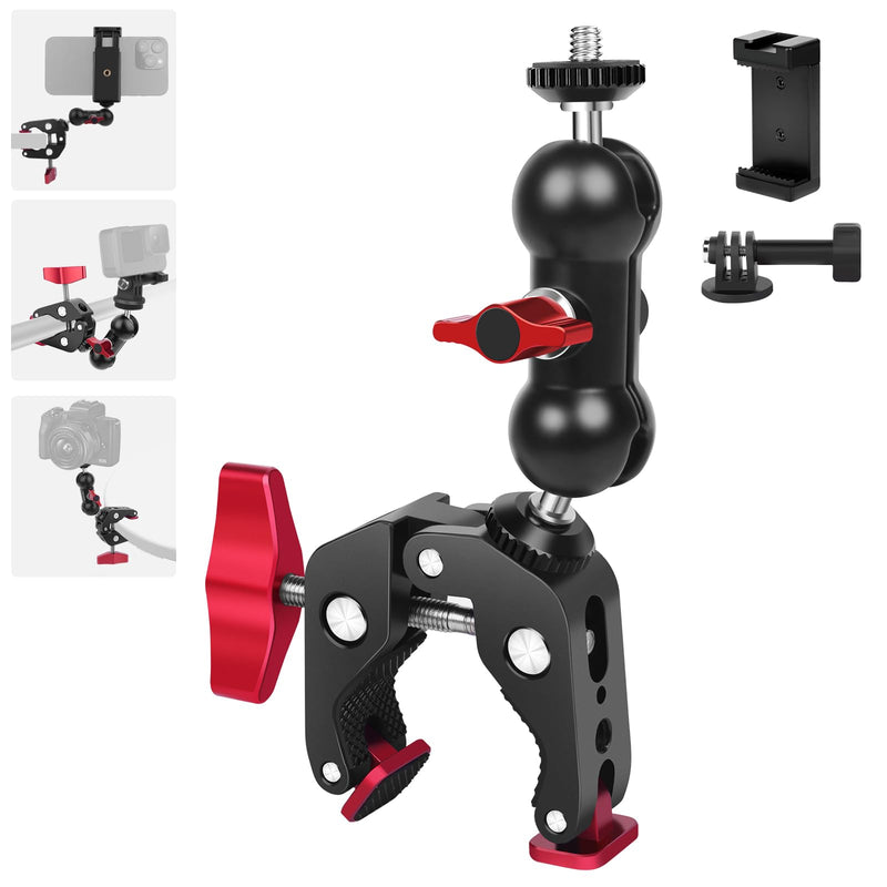 [AUSTRALIA] - Super Clamp with Dual Ballhead Magic Arm, Aluminum Camera Clamp Mount Kit for DSLR Action Camera/Phone/Monitor/Video Light/Microphone, Camera Mount for Tripod/Desk/Tube (SY006) 