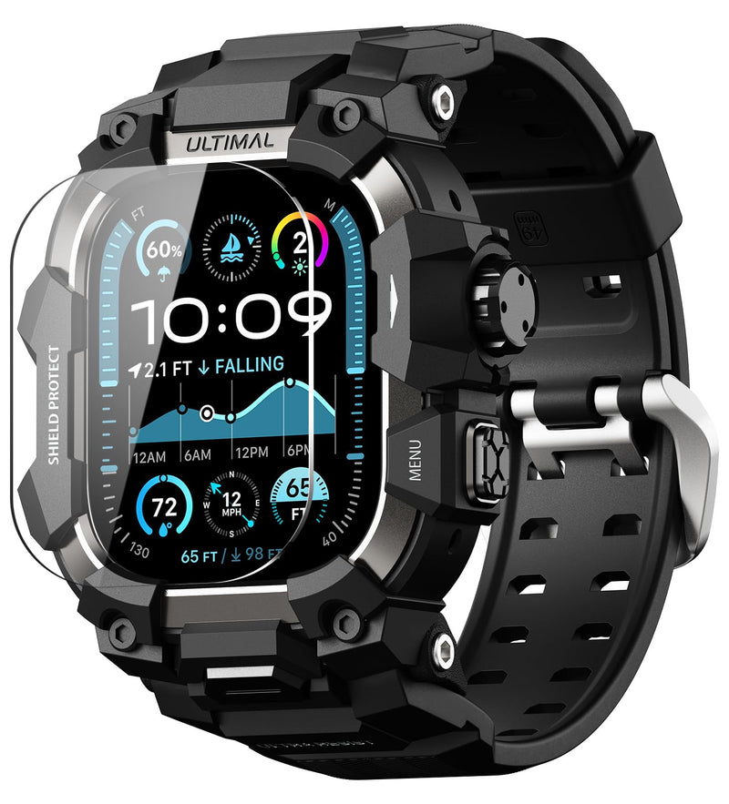 ULTIMAL Rugged Case with Band for Apple Watch 49mm,Compatible with Apple Watch Ultra 3/2/1, Military Grade Shockproof Bumper Cover for iWatch Tactical Band Men (Black, 49mm) Black