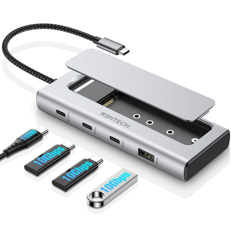 RSHTECH 5-in-1 USB C Hub with M.2 NVMe/SATA SSD Enclosure | 10Gbps USB Data Ports (1A + 2C) and 100W Power Delivery, Aluminum USB-C Dock Dongle for MacBook, Laptops, RSH-D05P Silver