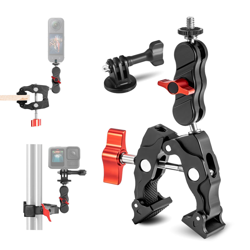 Clamp Camera Mount for DJI Osmo Action 6 5 4 360 Nano for Insta360 X5 X4 Air Go Ultra for Gopro Hero 13 12 11 MAX 2 Metal Fence Motorcycle Bike Mount Handlebar 1/4" Threads Accessories