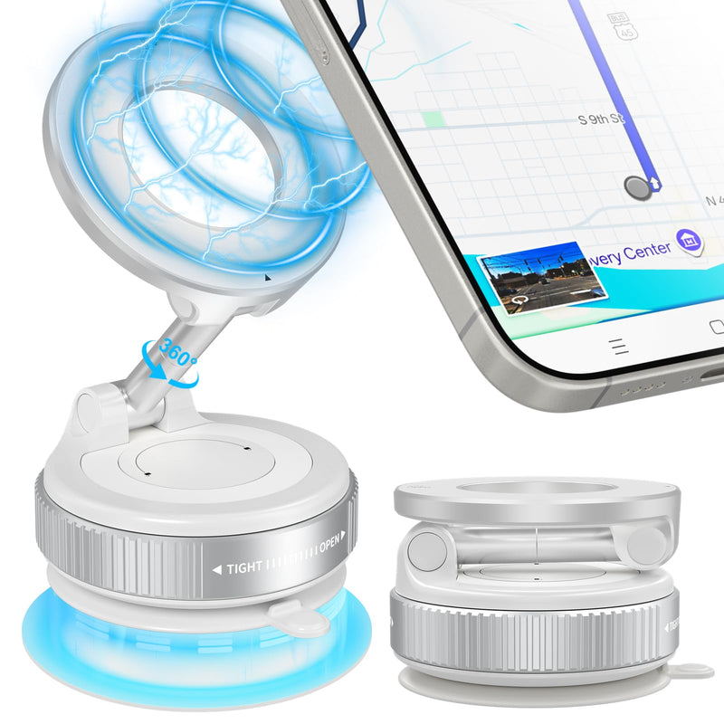 Phone Holders for Your Car, 24 Built-in Strong Magnets & Swivel Suction Cup, Vacuum Suction with Twist-Button Release, Foldable & Reusable for MagSafe & Magnetic Cases, White Stand type - white