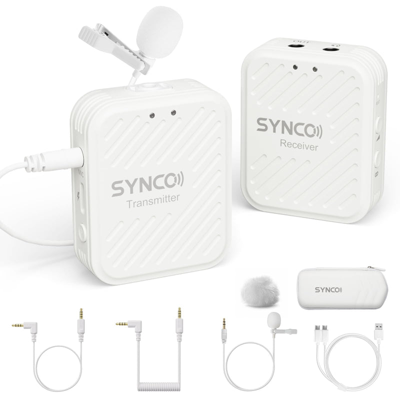 SYNCO Wireless Lavalier Microphone White, Microfonos Inalambricos Professional 3.5mm TRS 2.4GHz 70m Transmission Range Noise Cancellation Receiver and Transmitter