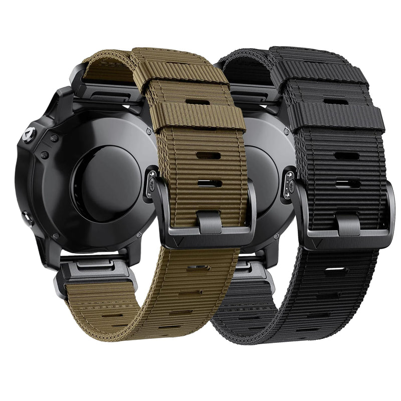 Adjustable 26mm Nylon Watch Band for Garmin Fenix 7X/6X/5X/Enduro 2, Tactix 7 Pro, Epix Pro 51mm - Quick fit 26 Sports Wrist Strap with Stainless Steel Adapter Black+Khaki (Black Buckle) 26mm fits 51mm case