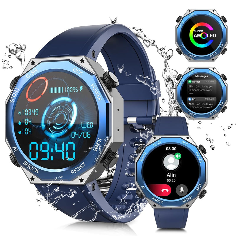 Rogbid Military Smart Watch for Men (Answer/Make Call) 1.45" AMOLED 680mAH IP69 Waterproof Smartwatch for iOS Android Phones Fitness Tracker Watch Heart Rate Blood Pressure Sleep Monitoring Blue