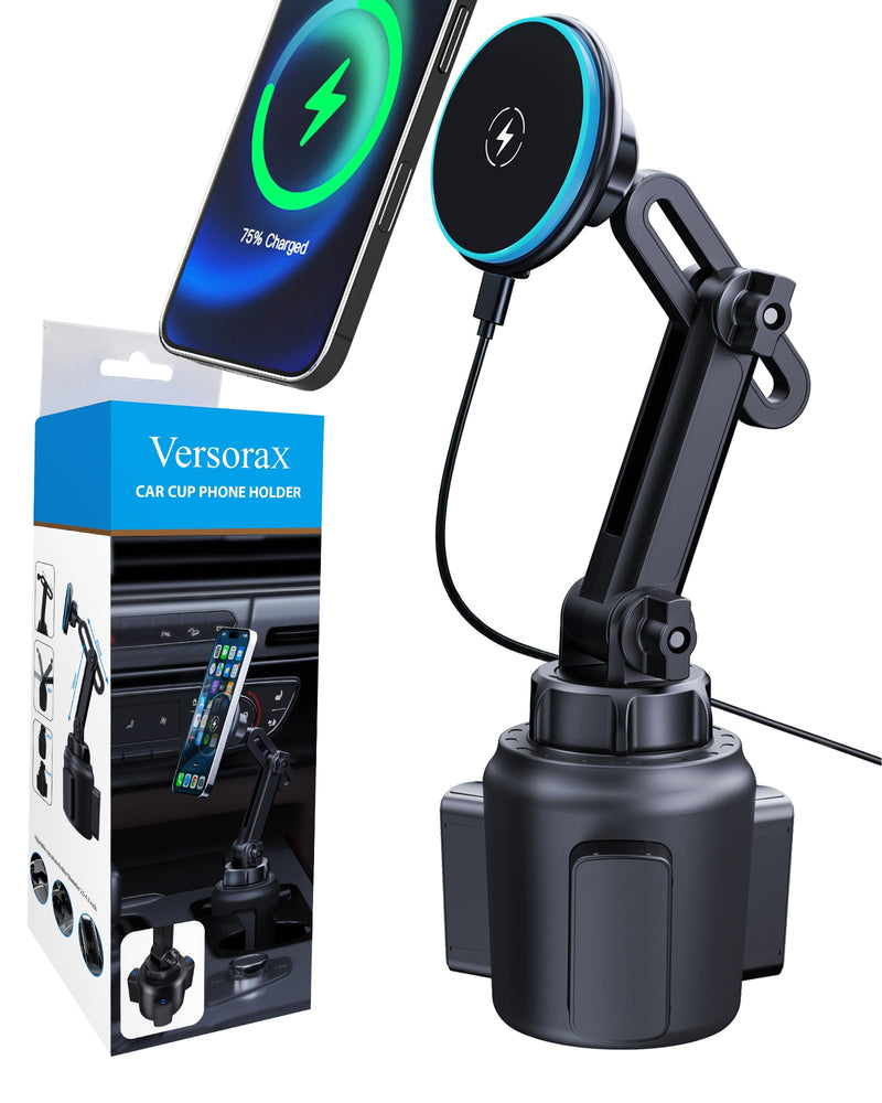 Magnetic Cup Phone Holder Car Wireless Charger for MagSafe, 15W Fast Charging Car Mount Stand for iPhone 16 Pro Max/15/14/13/12, Cupholder Expander, LED Light Ring, Strong N52 Magnets MAG-LIGHT-WC