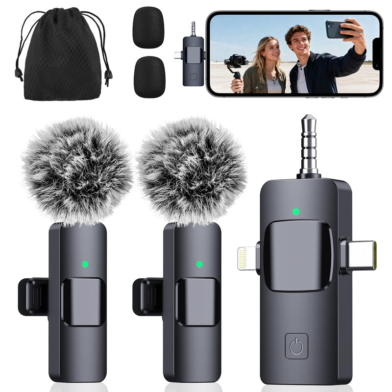 [AUSTRALIA] - BAILIXIN 3-in-1 Microphone for iPhone, Android, Camera, Wireless Microphones, Mini Microphone, Lapel Mic with Noise Reduction, Crystal Clear Sound & 7H Battery for Recording, YouTube, Podcast Charcoal Black 