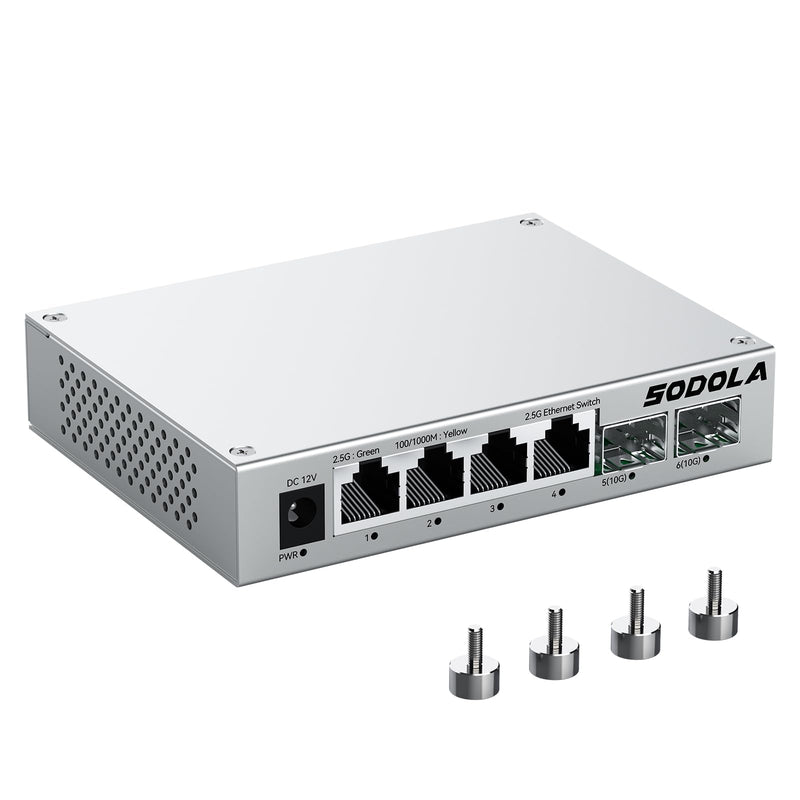 SODOLA 2.5Gb Switch,4 x 2.5G Base-T Ports, 2 x 10G SFP+ | Aluminum Alloy Cooling & Magnetic Mounting,2.5 Gigabit Network Switch Fanless Plug & Play, Unmanaged Multi-Gigabit Switch 4