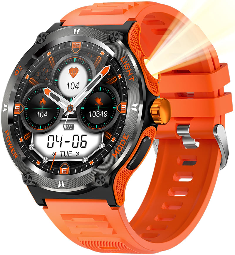 Smart Watch with Compass and Flashlight, Military Activity Tracker for Android iOS（Bluetooth Call Answer/Dial Calls） Rugged Smartwatch AI Voice Assistant/Heart Rate/Blood Pressure Orange