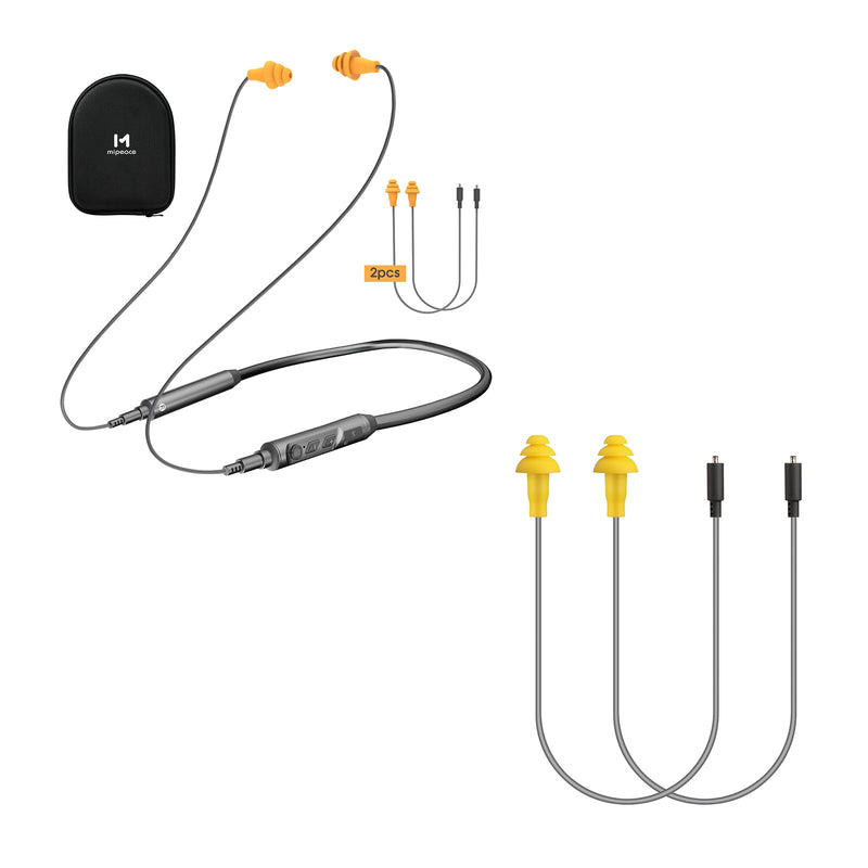 MIPEACE Bluetooth Earplug Headphones with 2 Replacement Earbuds Cables (Grey & Yellow) 29dB Noise Reduction Safety, Neckband Design, 19+ Hour Battery, Includes for Lawn Mowing, DIY, and Work