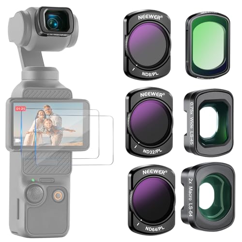 NEEWER ND8/PL ND32/PL ND64/PL CPL Black Diffusion 1/4 Filter for Mist Cinematic Effect 0.75x Wide Angle, 2X Macro Lens, Compatible with DJI Osmo Pocket 3 / Pocket 4 / Xtra Muse, FL-B16 0.75X Wide Angle&2X Macro Lens&ND/PL Filter Set