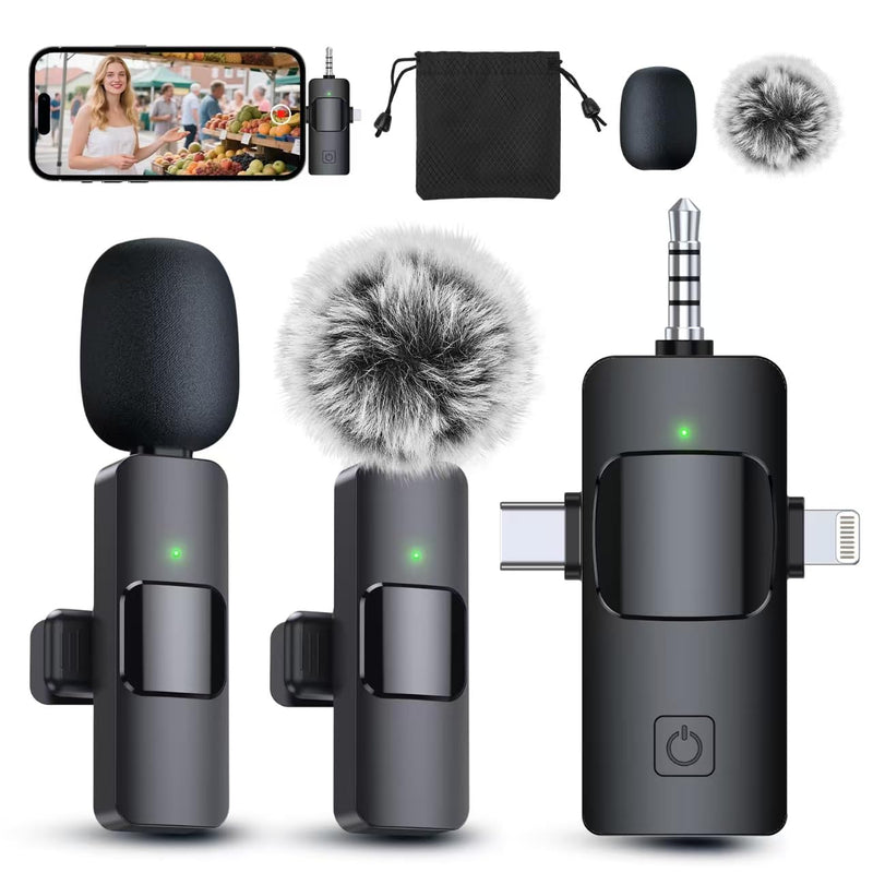 [AUSTRALIA] - PQRQP 3 in 1 Professional Wireless Lavalier Microphone for iPhone, Android, Camera, Wireless Microphones, Mini Microphone, Crystal Clear Sound Quality for Recording, Live Streaming, Microphone Clips Elegant Black 