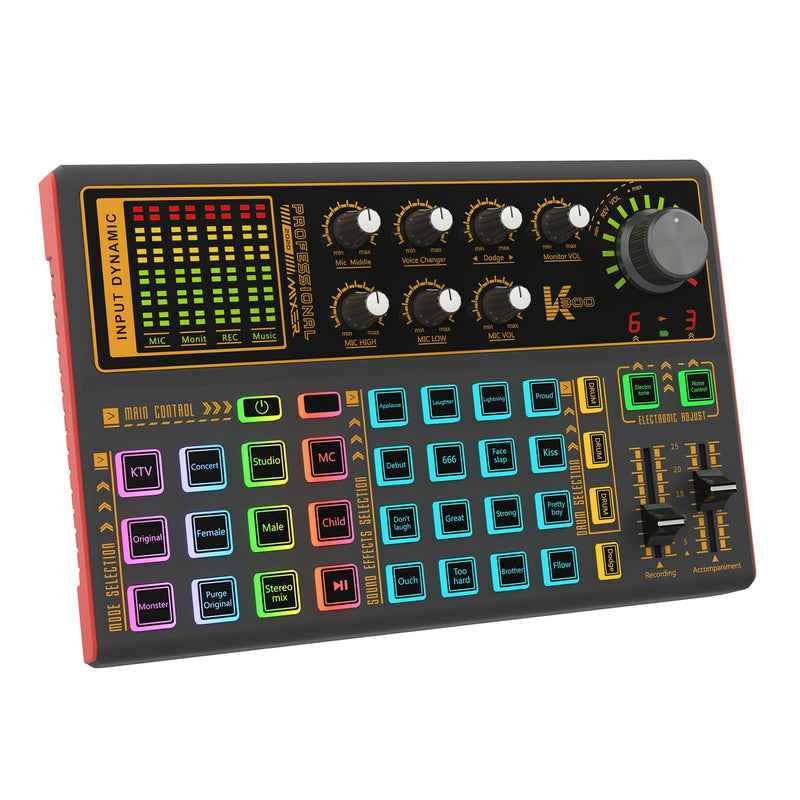 Docooler Professional Audio Mixer, K300 Live Sound Card and Audio with Multiple DJ Mixer Effects, 4 Voice Changes Live Sound Card with Cool 7 LED Light, Prefect for Podcasting/Gaming/Recording/PC