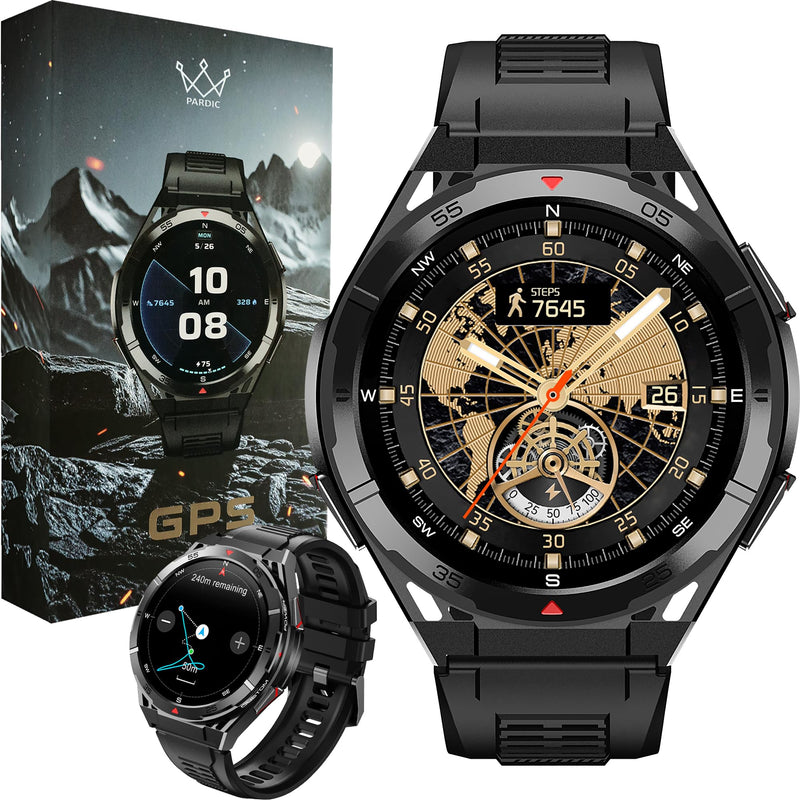 Military GPS Smart Watch: 1.43” AMOLED Always On Display, Built-In GPS, Compass, Altimeter, Barometer, Fitness/Path Tracker, BT Call, 150+ Sports, IP69K, Voice Assist, Long Battery Life, Android/iOS