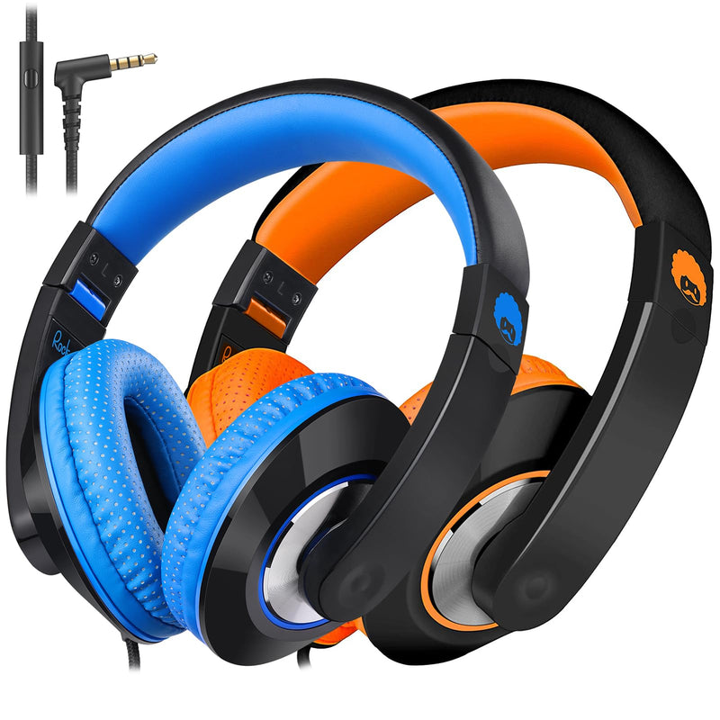 rockpapa 2Pcs Wired Kids Headphones with Microphone & 3.5mm Cord for School | Lightweight Corded Foldable Childs Boys Girls Youth Head phones for Airplane Classroom Tablets Phones Laptop PC Blue+Orange Blue/Black/Orange/Black