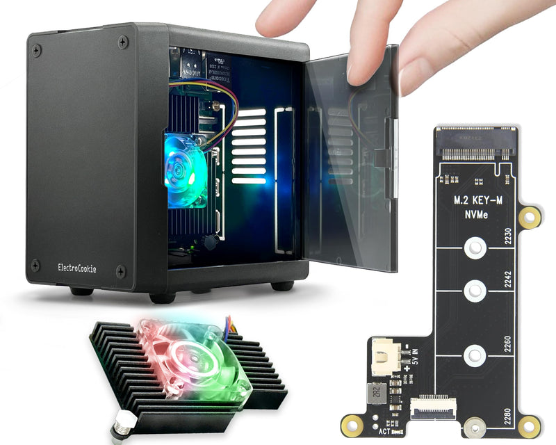 ElectroCookie Mini PC Case for Raspberry Pi 5 with M.2 NVMe SSD PCIe HAT and Active RGB Lighting Cooler (Black Case + M.2 HAT[X1001]) 2. Black Case + M.2 HAT (X1001)