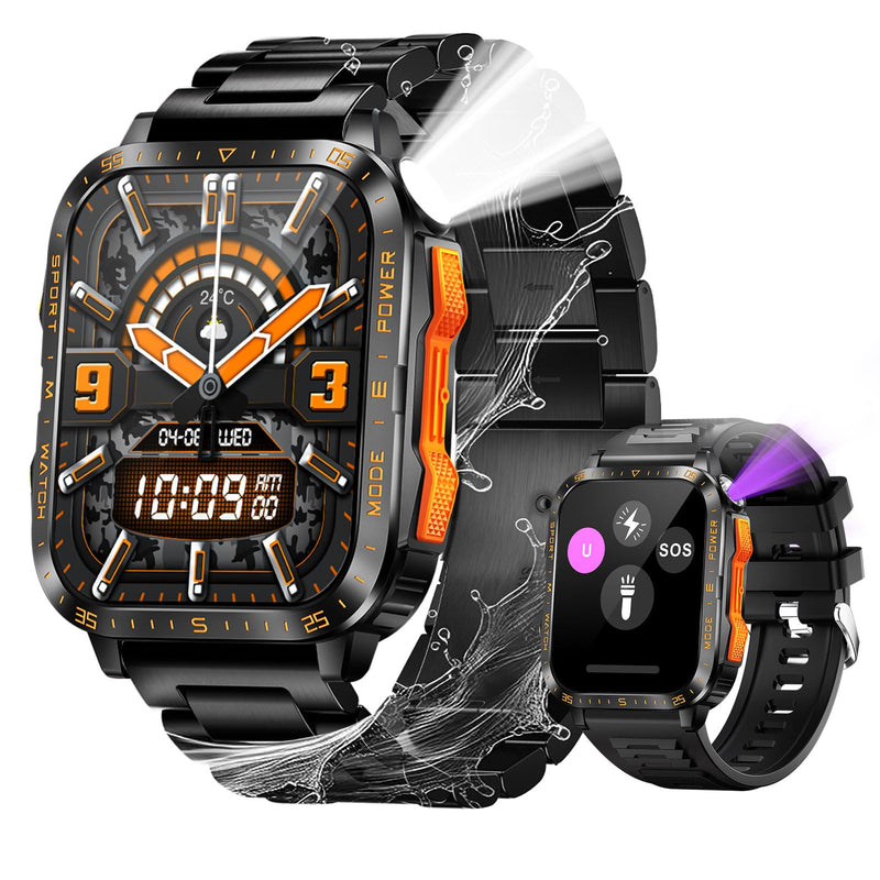 Military Smart Watch for Men with LED Flashlight/UV Light 3ATM Waterproof 1.96" Big Screen Rugged Tactical Smartwatch Fitness Tracker with HR/Sleep Monitor for iPhone Android (Two Watch Bands) | Bluetooth Call/3ATM Waterproof/110+ Sports Modes, HR/Slee...