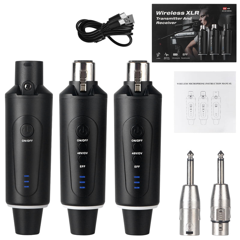 XLR Wireless Microphone System, Wireless Guitar Transmitter Receiver Plug-on for Dynamic and 48V Condenser Microphones, Audio Mixer, with 48V Phantom Power and Reverb Switch (2 transmitter,1 receiver)