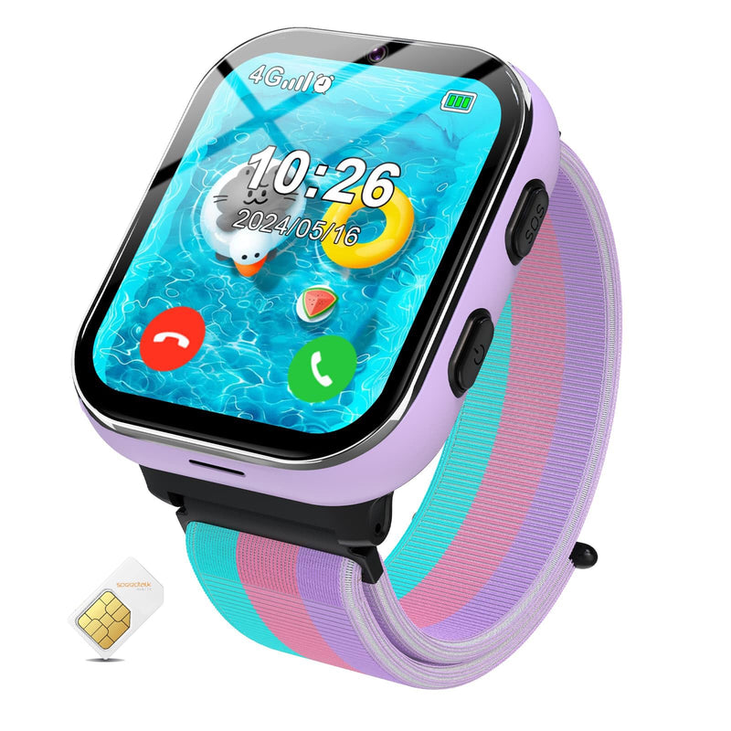 4G Kids Smart Watch, Smartwatch for Kids Phone Touch Screen, Educational Games Pedometer Fitness Alarm Calculator Clock Music Player, Suitable for Children Aged 4-10 Years Old, (Purple) Purple
