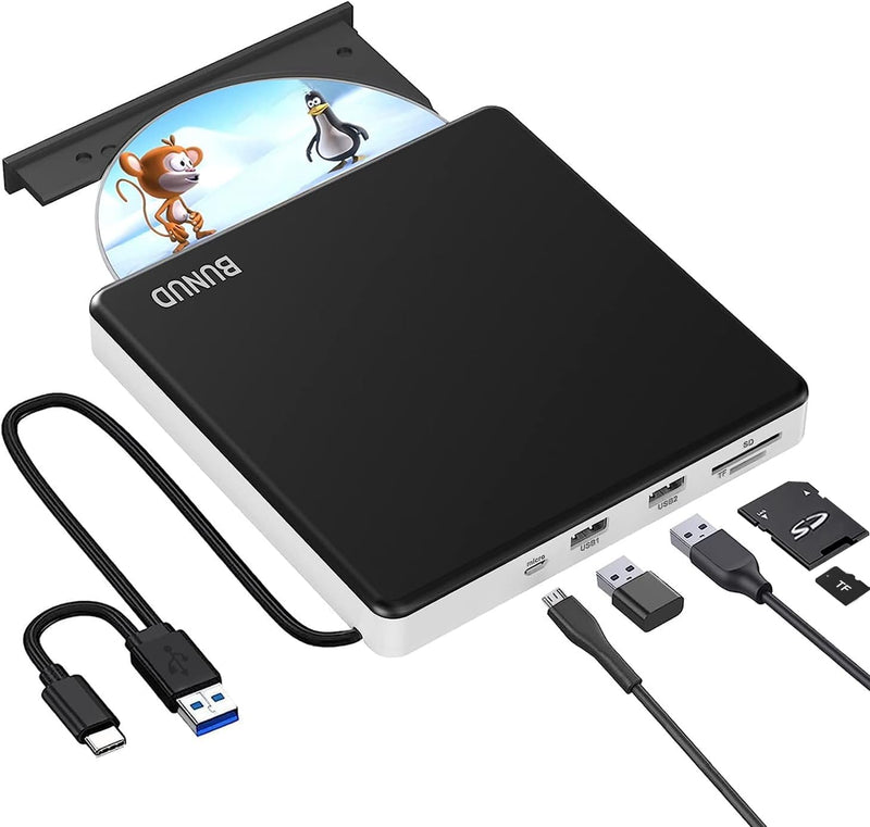 [AUSTRALIA] - BUNUD External DVD Burner USB-C: Portable DVD External Drive for Apple Superdrive with 2 USB and TF/SD Slots - Plug & Play CD Drive External for Mac Laptop Windows 11 Black 