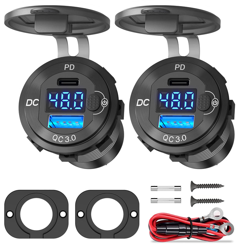 2 Pack High Voltage USB Outlet 12V 24V 36V 48V 60V Aluminum Car Charger Socket, PD 30W USB C and QC 36W Car USB Port Waterproof Cigarette Lighter Power Adapter DIY Kit with Switch for Ship Truck, etc. 2 Pack